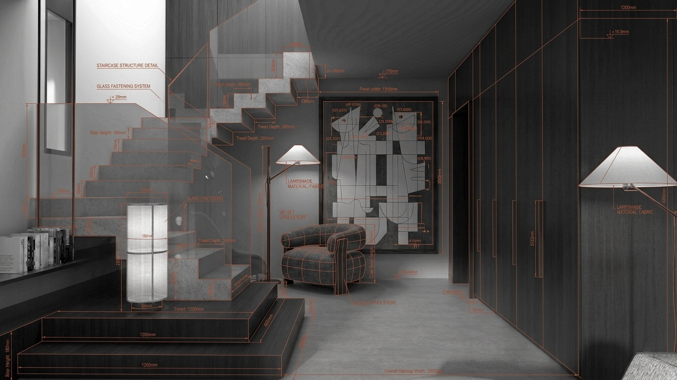 Render di interni con quotature tecniche arancioni su scala e falegnameria su misura