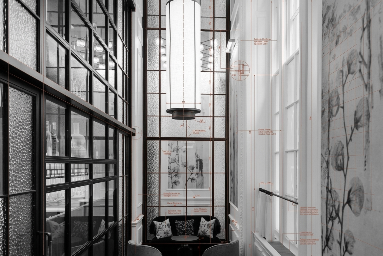 Render verticale di interni con dettagli tecnici di vetrate e illuminazione