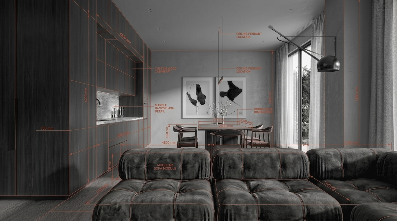 Render di zona living e pranzo con annotazioni tecniche su cabinet e arredi